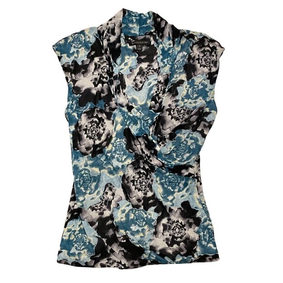 Y2K Silk Blend wrap V-neck top abstract floral print work classic cap sleeve - Picture 1 of 10